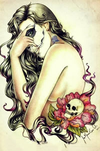 彩色个性女郎骷髅牡丹纹身手稿图案