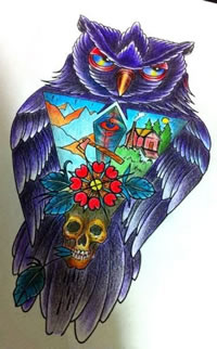 彩色猫头鹰纹身手稿图