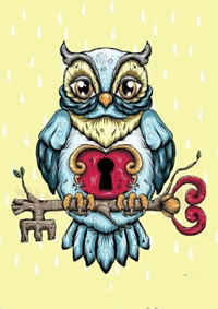 彩色个性猫头鹰钥匙锁纹身