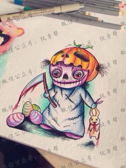 彩色个性邪恶娃娃纹身图案