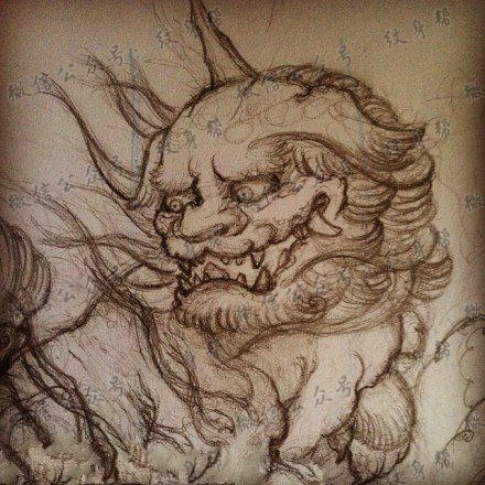 青面獠牙长角般若纹身图案手稿