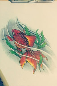 色彩鲜艳金鱼悠然戏水纹身图案手稿