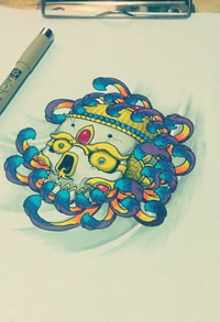 色彩鲜艳形象菊花骷髅头纹身图案手稿