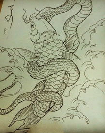 霸气鱼蛇相斗纹身图案手稿