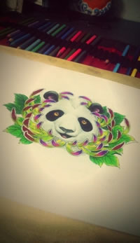 艳丽可爱菊花熊猫纹身图案手稿