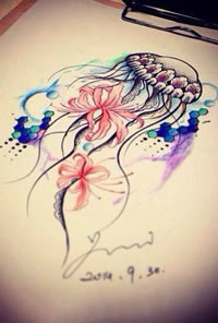 彩色泼墨水母彼岸花纹身手稿图