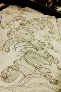 气势磅礴海浪纹身图案手稿