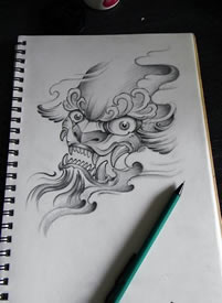 瞪眼长牙怪物纹身图案手稿