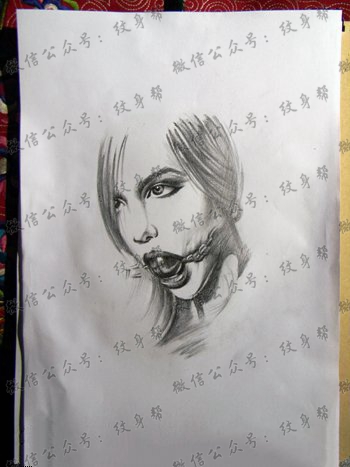 美女含珠头像纹身图案手稿