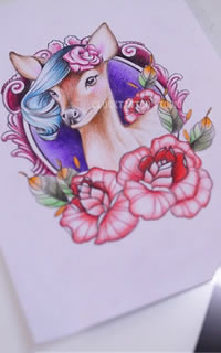 彩色个性独角兽玫瑰纹身手稿图片