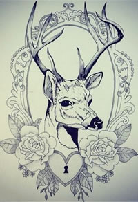 羚羊玫瑰花爱心锁纹身手稿图片