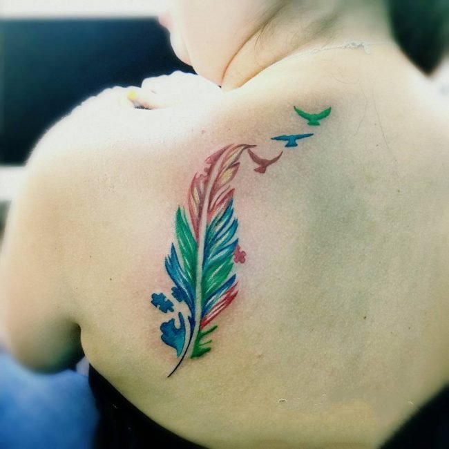3d羽毛纹身 轻柔的彩色创意羽毛纹身图案