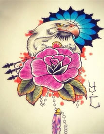 彩色鸟玫瑰花宝石纹身图案