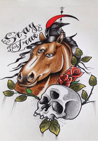 彩色字母马骷髅玫瑰纹身图案