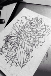 猫头鹰骷髅纹身线稿图案