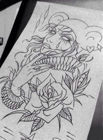 女郎玫瑰花纹身手稿图片