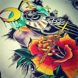 彩色月亮猫头鹰玫瑰纹身手稿图片