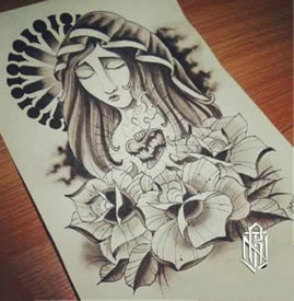 圣母玛利亚玫瑰花纹身图片