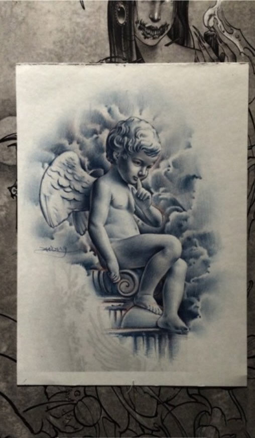 黑灰素描小天使纹身手稿图案