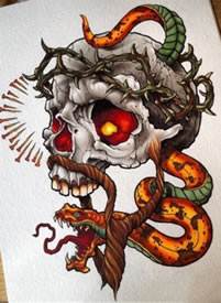 彩色骷髅蛇纹身手稿图片