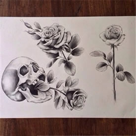 黑灰玫瑰骷髅纹身手稿图片