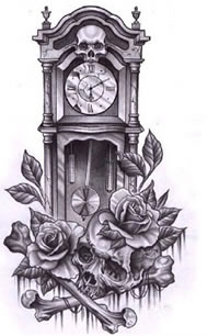 钟骷髅玫瑰纹身手稿图片