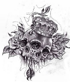 骷髅玫瑰皇冠纹身手稿图案
