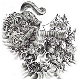 章鱼帆船纹身手稿图片