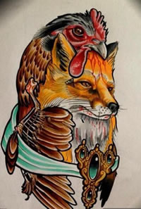 彩色个性鸡与狗狗纹身手稿图案