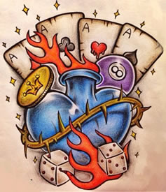 彩色心牌骰子纹身手稿图案