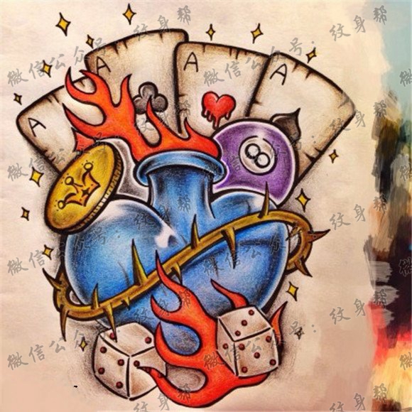 彩色心牌骰子纹身手稿图案