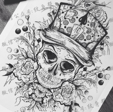 骷髅纹身手稿—一组17张戴帽子的骷髅纹身手稿图案素材