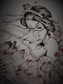 艺妓樱花纹身手稿图案