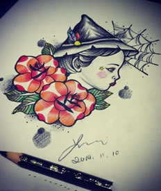 彩色小孩肖像花朵纹身手稿图案