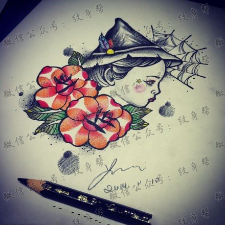 彩色小孩肖像花朵纹身手稿图案