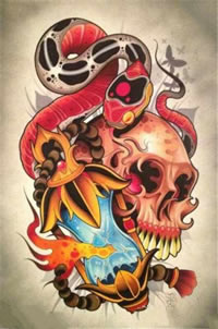 彩色蛇骷髅灯塔纹身手稿图