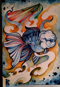 彩色泼墨金鱼纹身手稿图片