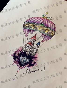 热气球纹身手稿_一组热气球手稿纹身图案