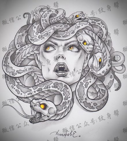 美杜莎纹身手稿_一组15张蛇发美杜莎纹身手稿图案