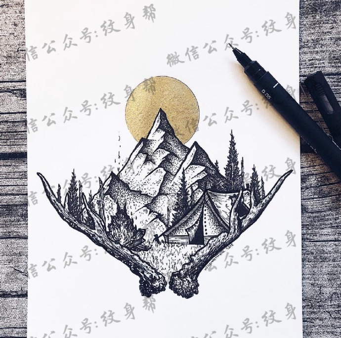山脉纹身手稿_一组14张山脉风景几何设计手稿纹身图案
