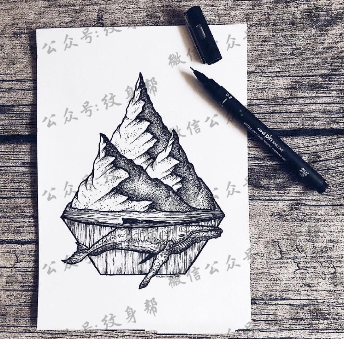 山脉纹身手稿_一组14张山脉风景几何设计手稿纹身图案