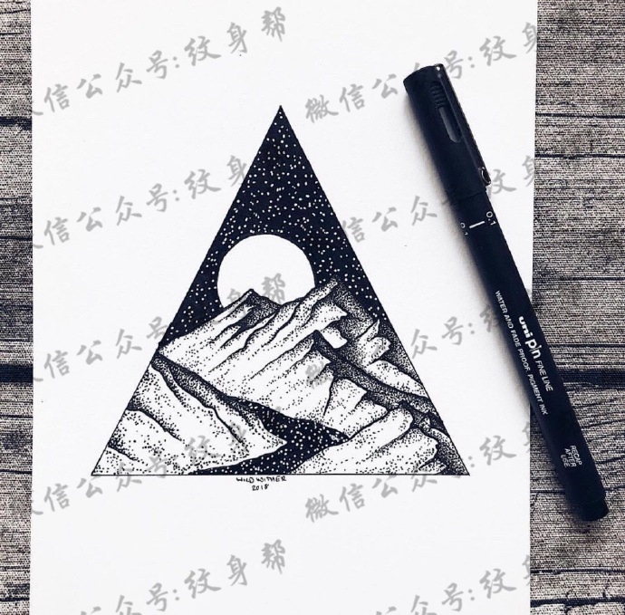 山脉纹身手稿_一组14张山脉风景几何设计手稿纹身图案