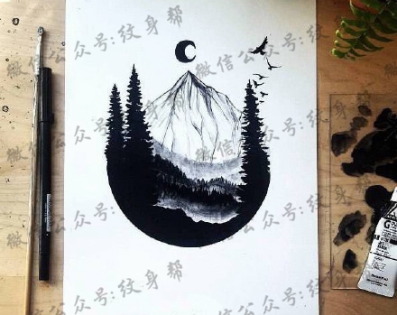 山脉纹身手稿_一组14张山脉风景几何设计手稿纹身图案