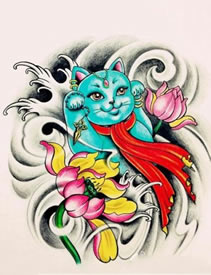 彩色招财猫莲花纹身手稿图案