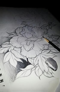 黑灰牡丹花纹身线稿图片