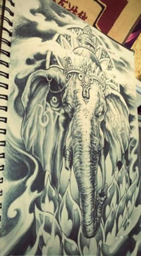黑灰素描象神纹身手稿图片