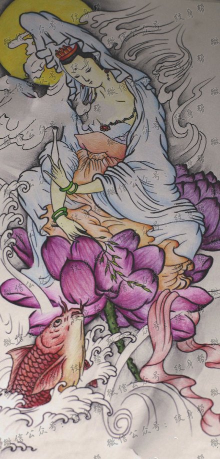 唯美观音纹身图案手稿