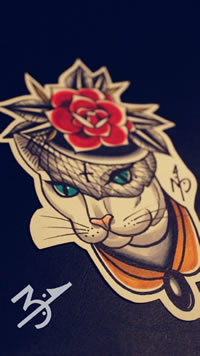 彩色个性猫咪玫瑰花纹身手稿图片