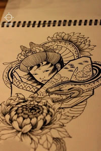 艺妓牡丹纹身手稿图片