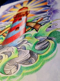 彩色school船舵灯塔纹身手稿图片